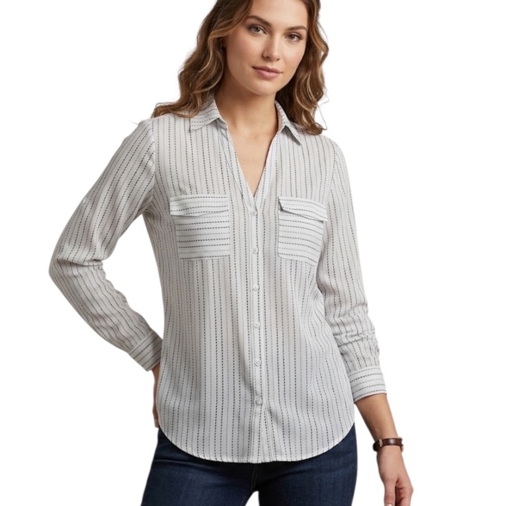 New York & Company Button-Up Shirt Womens L White Navy Striped Roll-Tab